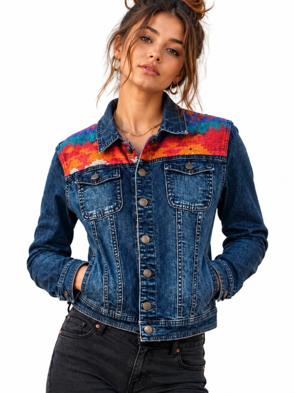 Coastal Cowgirl Zara Denim Jacket Southwestern Tapestry Yoke‎ Dark Wash Large